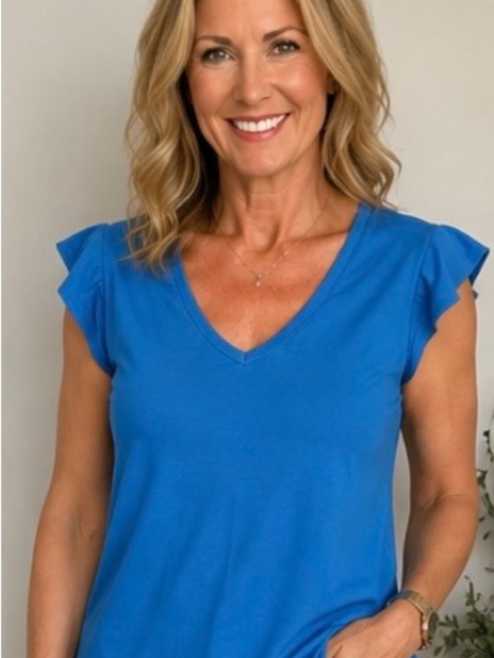 White House Black Market Blue V-Neck Flutter Sleeve Tank